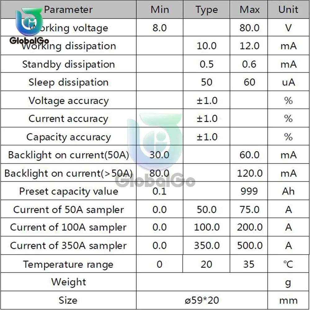 Вольтметр амперметр цифровой индикатор емкости и уровня заряда батареи 8 80 в 50 А