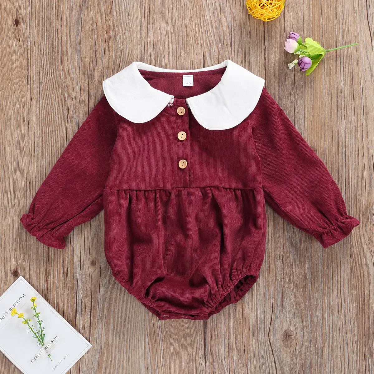 

2020 Autumn Newborn Baby Girls Long Sleeve Doll Collar Bodysuits Clothing Kids Corduroy Single-breasted Warm Jumpsuits 0-12M