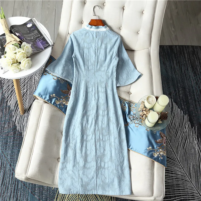 

2021 ethnic style summer cotton jacquard V-neck Zen tea dress Hanfu national style large sleeve dress cheongsam women