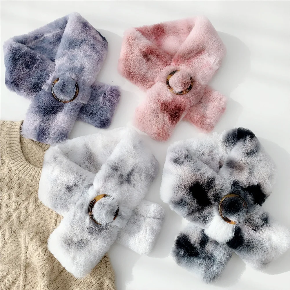 

Women Wool Scarf Korean Stitching Color Wild Winter Fake Fur Plush Girl Imitate Rex Rabbit Fur Thick Cross Neck Ring Keep Warm