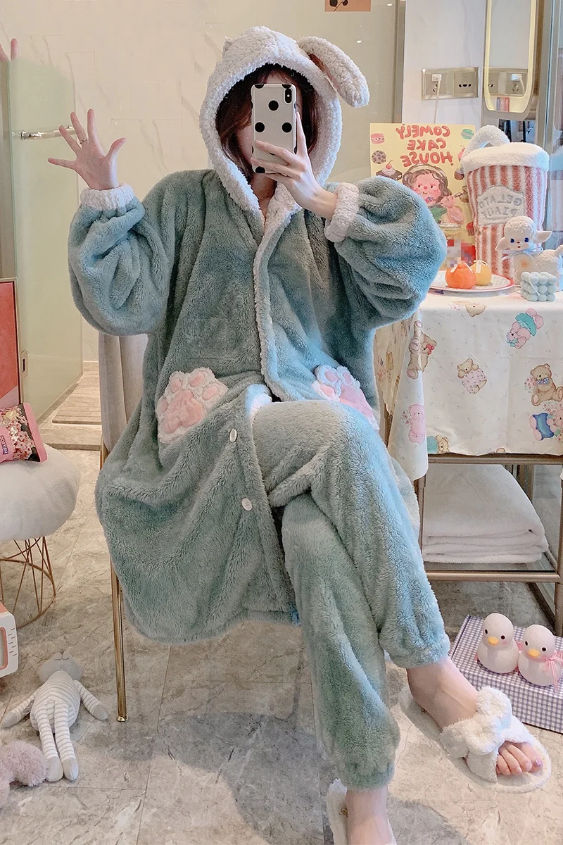 

ITOOLIN Robe Sets Sleepwear Women 2021 Pijamas Spring Autumn Winter Clothing Thickened Nightwear Cute Long Flannel Lounge Wear