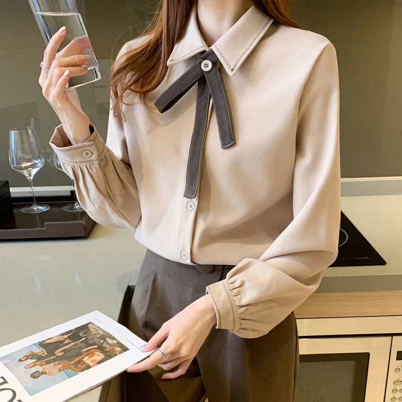 

Women's Blouses Blended Long Sleeve Tops Polo Shirts Bow Solid Color Fashion Casual Loose Commute