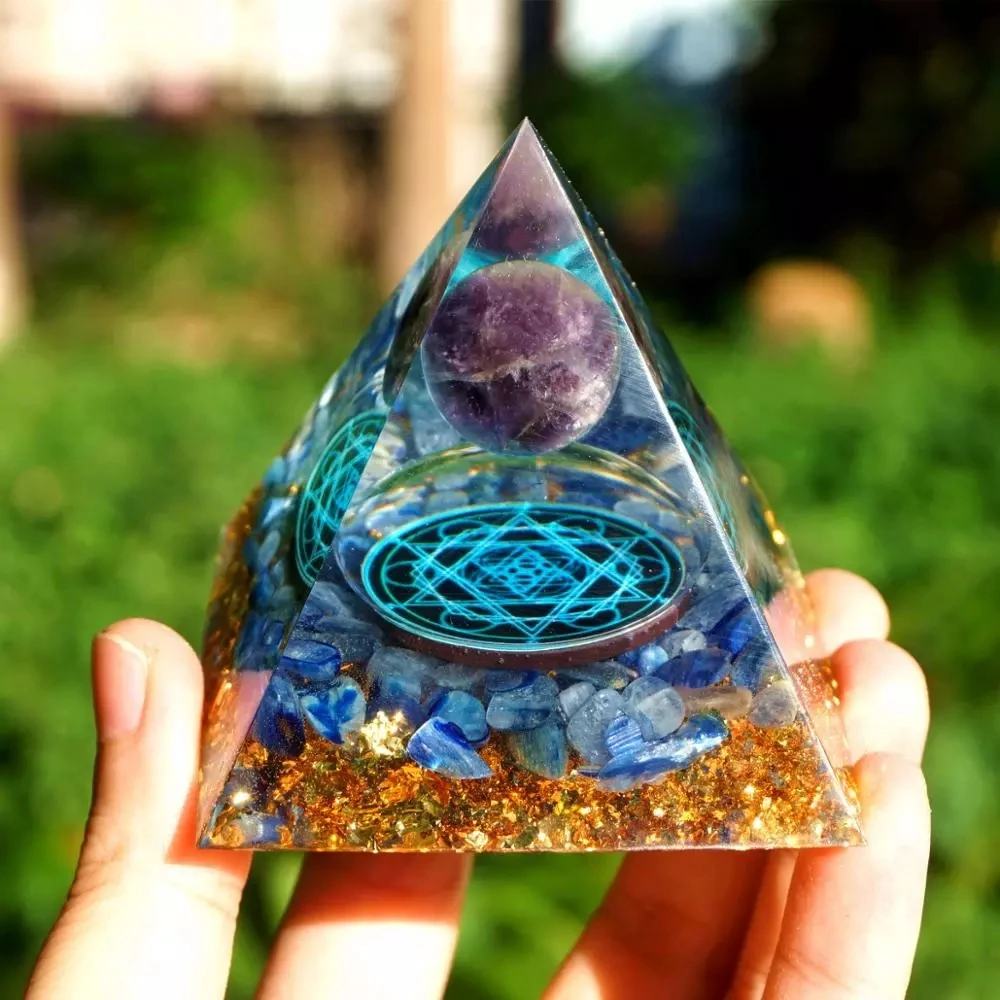

Runes Handmade Amethyst Crystal Sphere Orgonite Pyramid 60mm with Kyanite Stone Reiki Chakra Energy Orgone Collection Gift