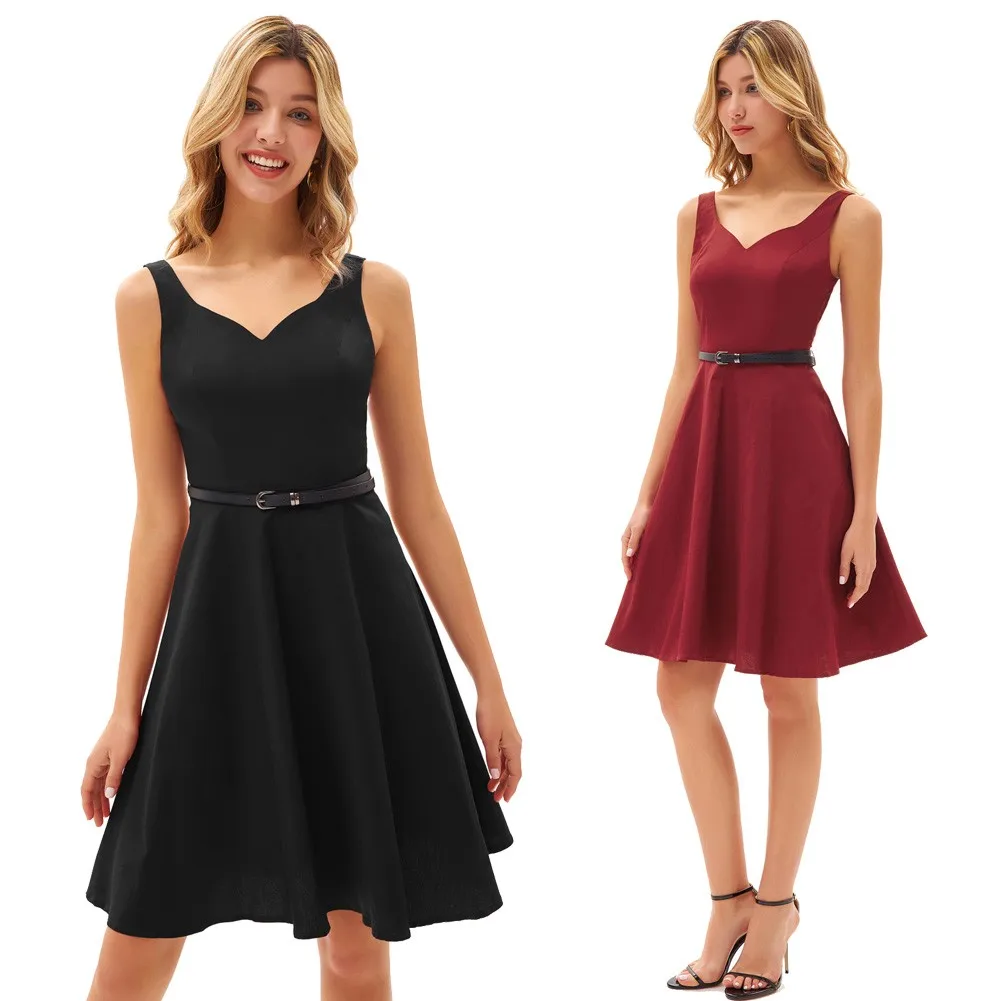 

GK Summer Women's Dress V Neck Dress With Belt Sleeveless U-Back Flared Cotton Strap Sweetheart A-Line Dresses Elegant Vestidos