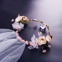romantic pearl floral bride flower crown veil headdress head wreath sweet garland wedding headpiece seaside vacation photography