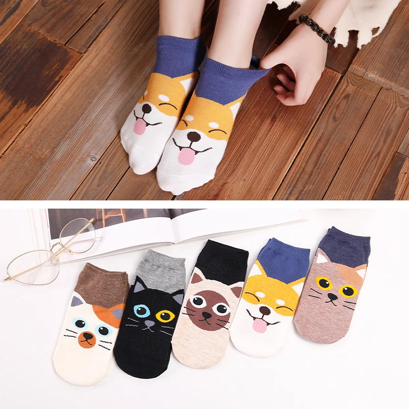5Pairs/Lot New Funny Classic Cartoon Women Happy Socks Cotton Fashion Soft Food Cat Dog Cute Animal Harajuku Girls Short Socks