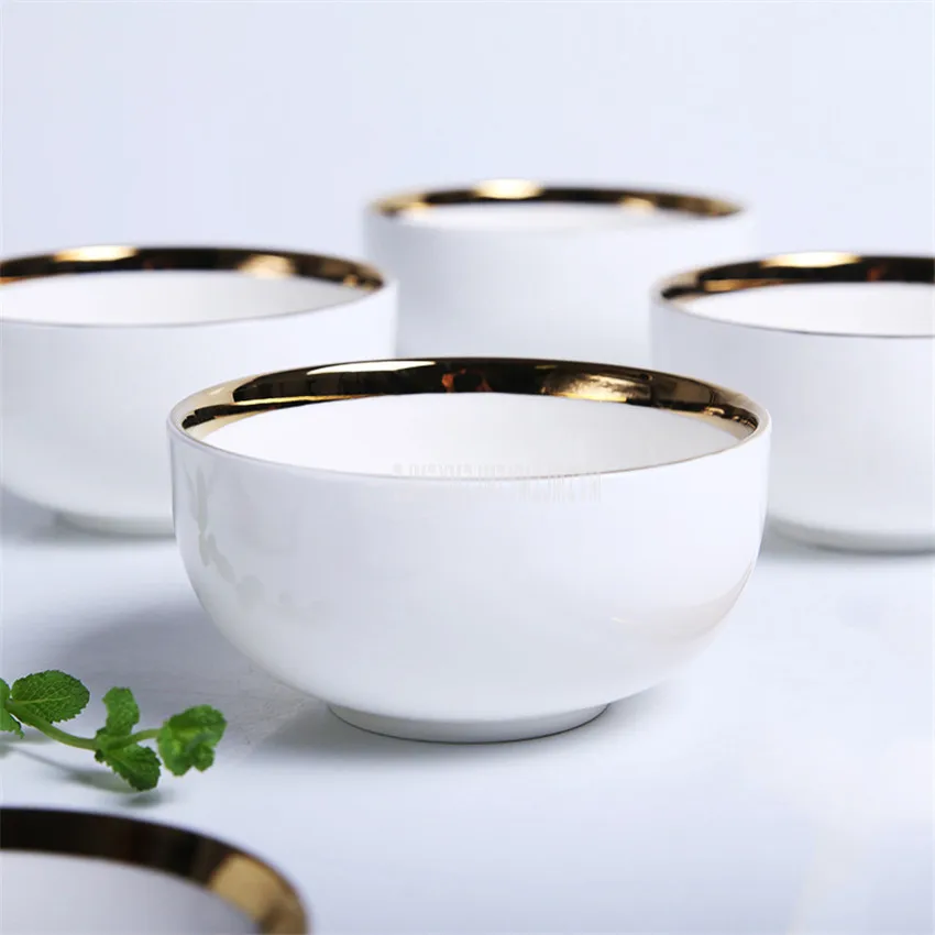 

10PCS/Set Nordic European Style Ceramic Rice Bowl Gold Edge 11.5x5.6cm Simple Household Round Cooked Rice Noodle Soup Round Bowl