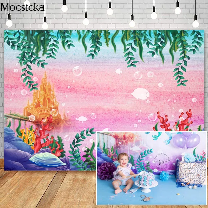 

Underwater World Cake Smash Photography Backdrops Golden Castle Seaweed Decor 1st Birthday Photocall Background Photo Studio