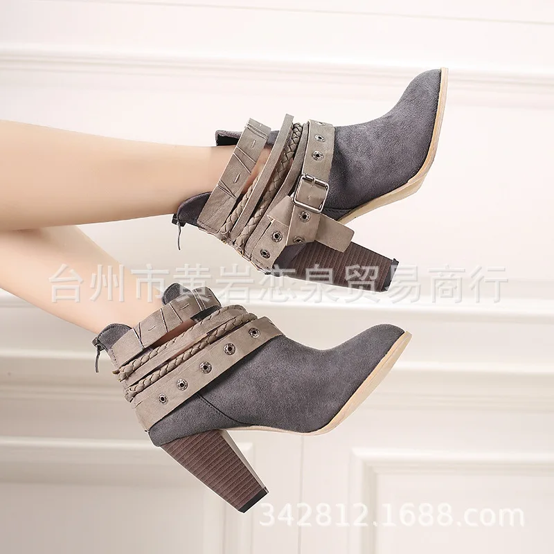Ботинки женские короткие с круглым носком Винтажные ботинки на среднем каблуке
