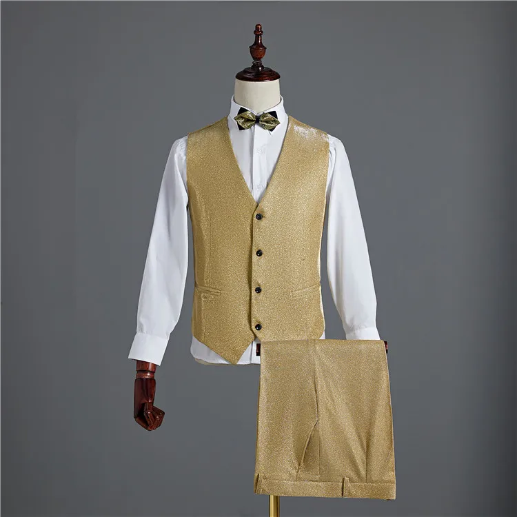 Gold Purple Blue Gray Bright Wire Blazers Formal Men's Suits (Jacket+Vest+Pants) Fashion Wedding Groom 3-Pieces Set Prom Suit | Мужская