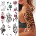 Временная татуировка с черными цветами для женщин и девушек, цепочки с Пионом, компасом, лотосом, тату-наклейка, роза, змея, кружево, искусственные 3D татуировки на предплечье