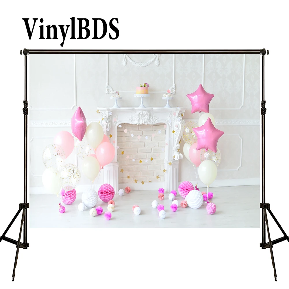 

VinylBDS 10ft Newborn 1st Birthday Backdrops Baby Globos Photo Background Pink Baby Photocall Birthday Soild Brcik Wall Photo