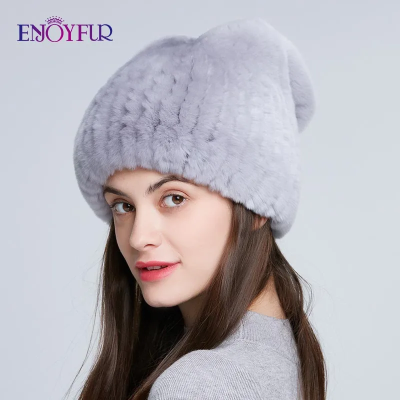 ENJOYFUR Winter Fur Hats For Women Real Rex Rabbit Fur Beanie Cap with Bow-knot Thick Warm Fur Caps For Girls