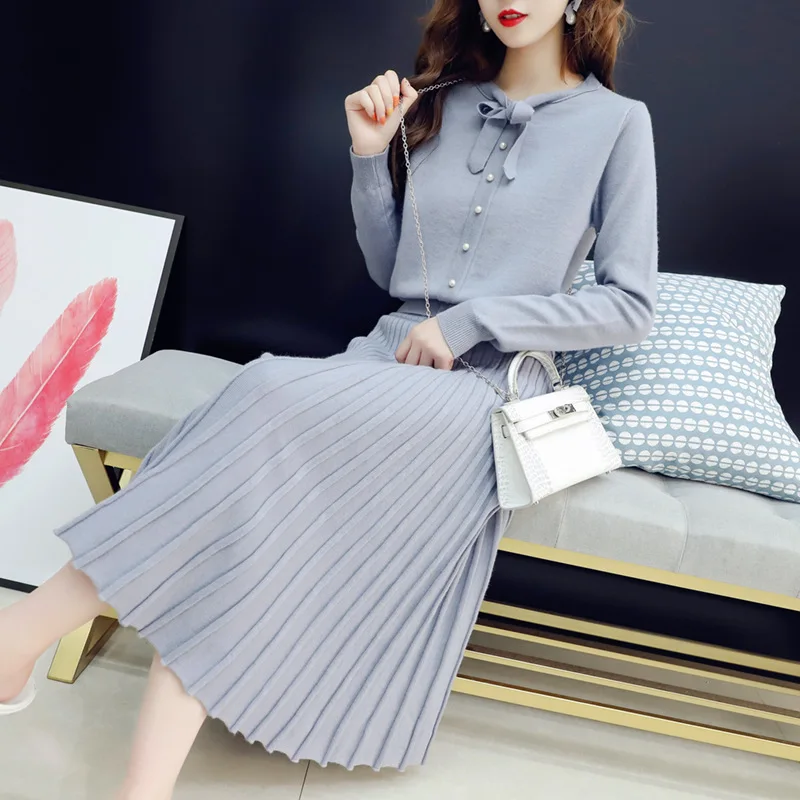 

Women Winter Dress Knitted Sweater Midi Long Pleated Skirt Long Sleeve Solid Two Piece Set Office Lady Pullover Elastic Waist
