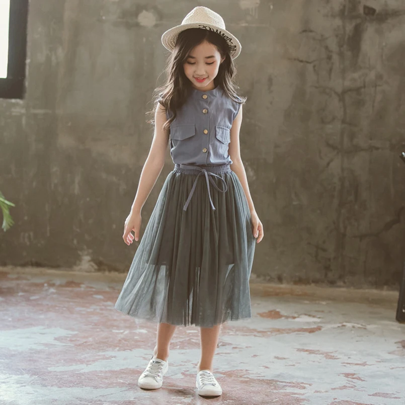 Летние Детские комплекты одежды для девочек футболка + фатиновая юбка Костюмы