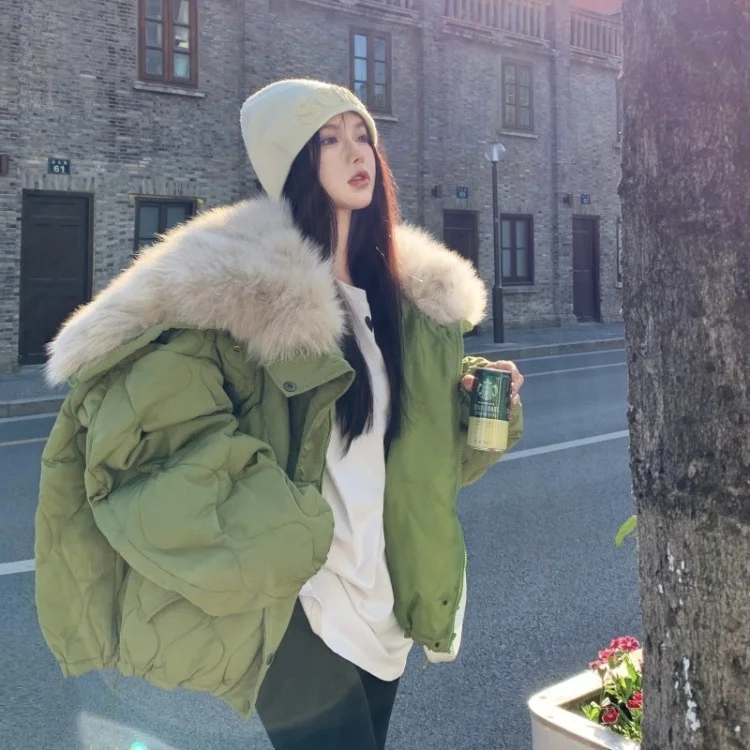 

Wool Collar Cotton Padded Jacket 2021 Winter Loose Korean Green Medium and Long Thickened Warm Cotton Padded Jacket C1339