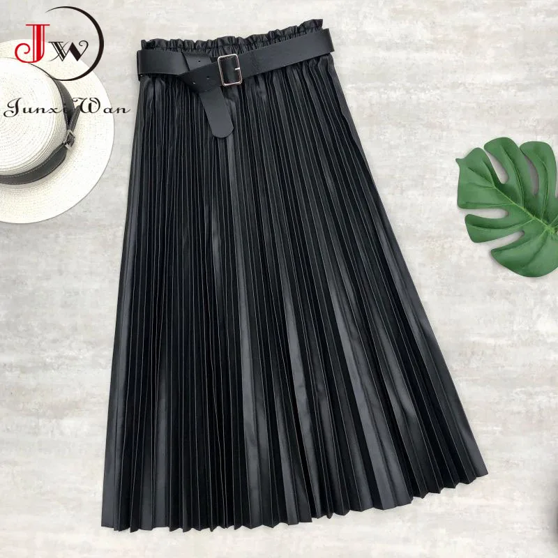 

Fashion Autumn Winter Women Pleated Skirt PU Leather Solid High Waist Mid-Length Elegant Office Ladies Long Skirt With Belt