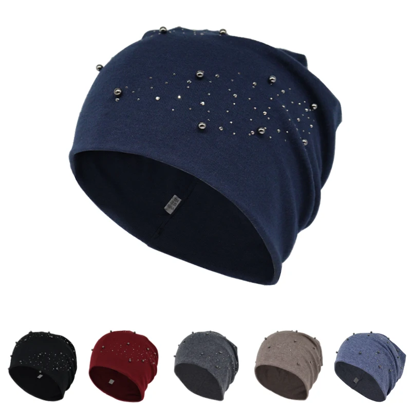 

Brand Pearls Rhinestones Beanies for Women Autumn Cotton Soft Warm Slouchy Beanies Hat for Ladies Skullies&Beanies Wholesale