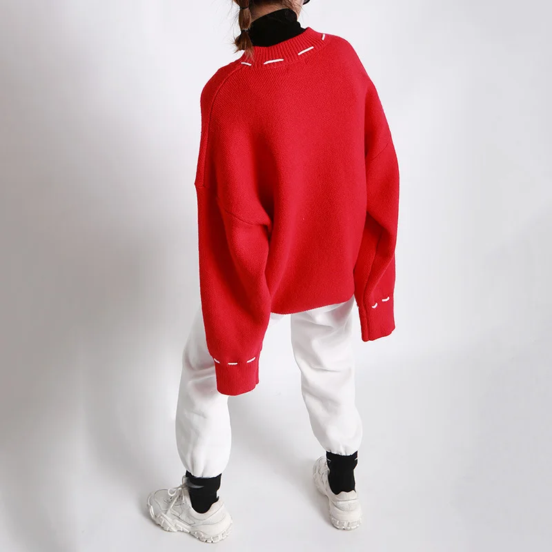 

[EAM] Red Big Size Knitting Sweater Loose Fit O-Neck Long Sleeve Women Pullovers New Fashion Tide Autumn Winter 2021 1DD3468