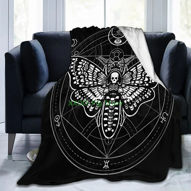 

A Throw Blanket for Kid Teen Adult Black Skull Moth Dead Head Mystical Circle Esoteric Wildlife Cult Occult Alchemy Ancient