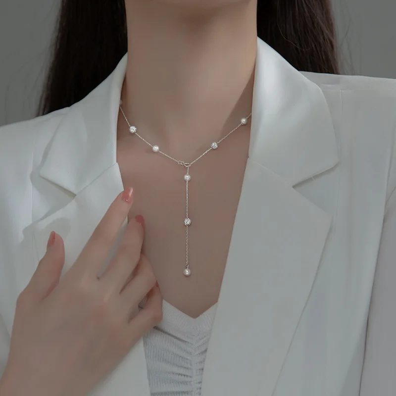 

100% real 925 Sterling Silver Jewelry Shell Pearl & Disc Ball CZ Statement Station Necklace clavicle Pendant C-D8530