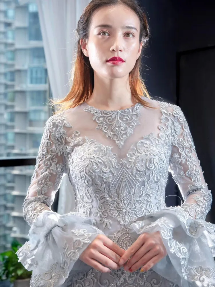 DD JYOY Long Sleeve Mermaid Evening Dress 2020 Lace Long Formal Women Evening Gown O Neck Grey Gold Colors Lace Up Back