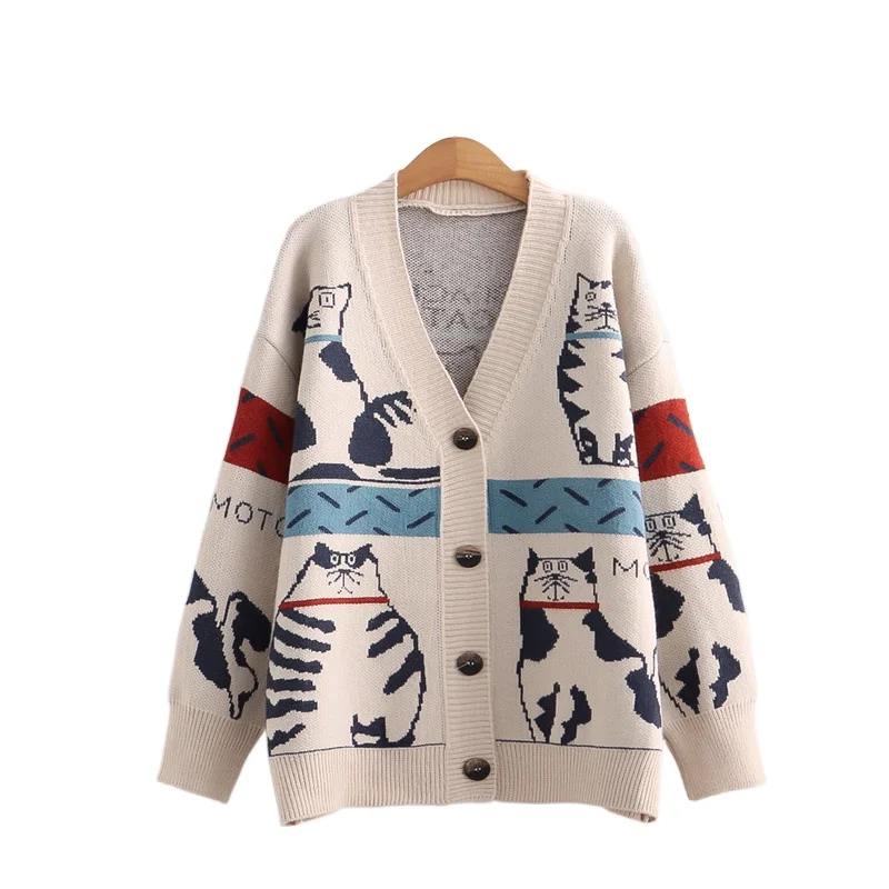 

Cartoon Cat Embroidery Women Knit Cardigan 2021 Winter V-neck Long Sleeve Knitwear Casual Female Warm Soft Cute Jumpers Tops
