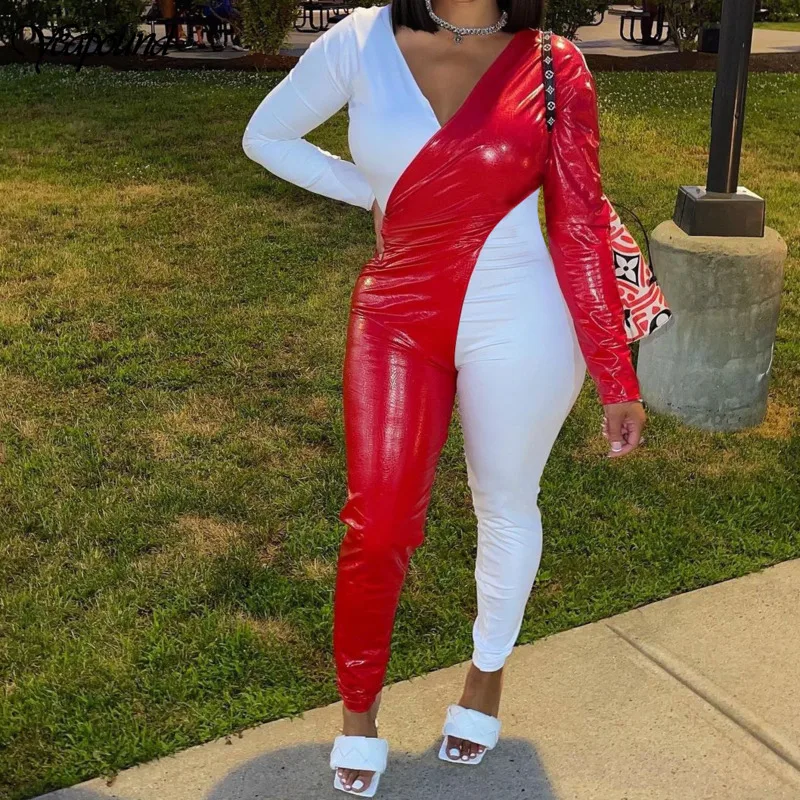 

Women Sexy V Neck Skinny Jumpsuit Faux Leather PU Red And White Contrast One Piece Rompers Autumn Bodycon Long Sleeve Rompers