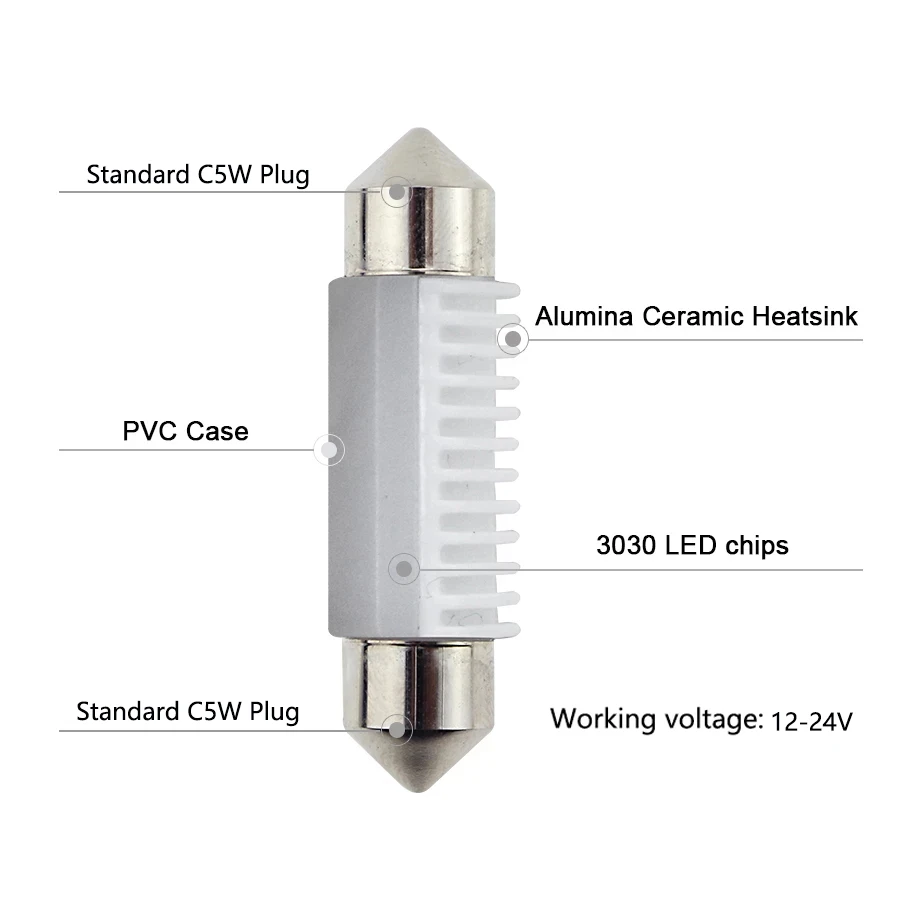 2Pcs Pure White Festoon Ceramic LED Bulbs C5w for Car Reading Lights, Dome Lamp (31mm, 36mm, 39mm, 41mm) - 3030-SMD, 6000K, 12V-24V NHAUTP image 2