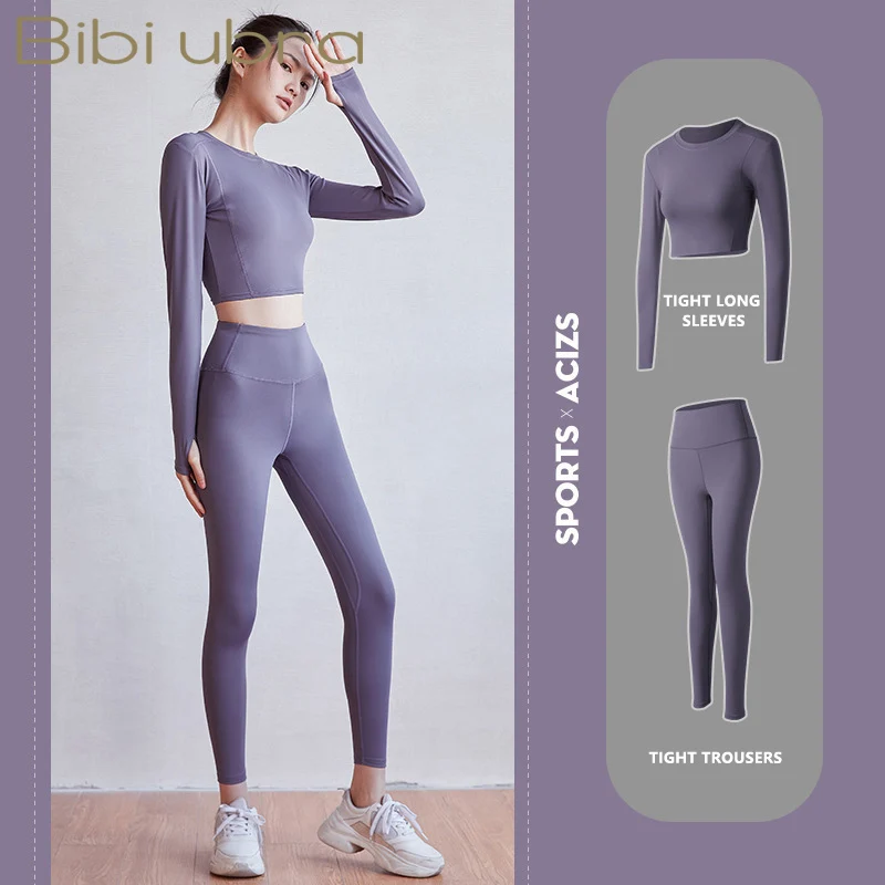 Women Long Sleeve Active Tracksuit High Waist Seamless Yoga Set Tights Cropped Shirts Sport Suit Gym Clothing Fitness Leggings