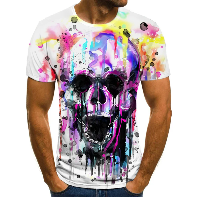 

2021 summer men's t-shirt new 3D printing t-shirt men's color graffiti skull t-shirt summer black t-shirt round neck t-shirt