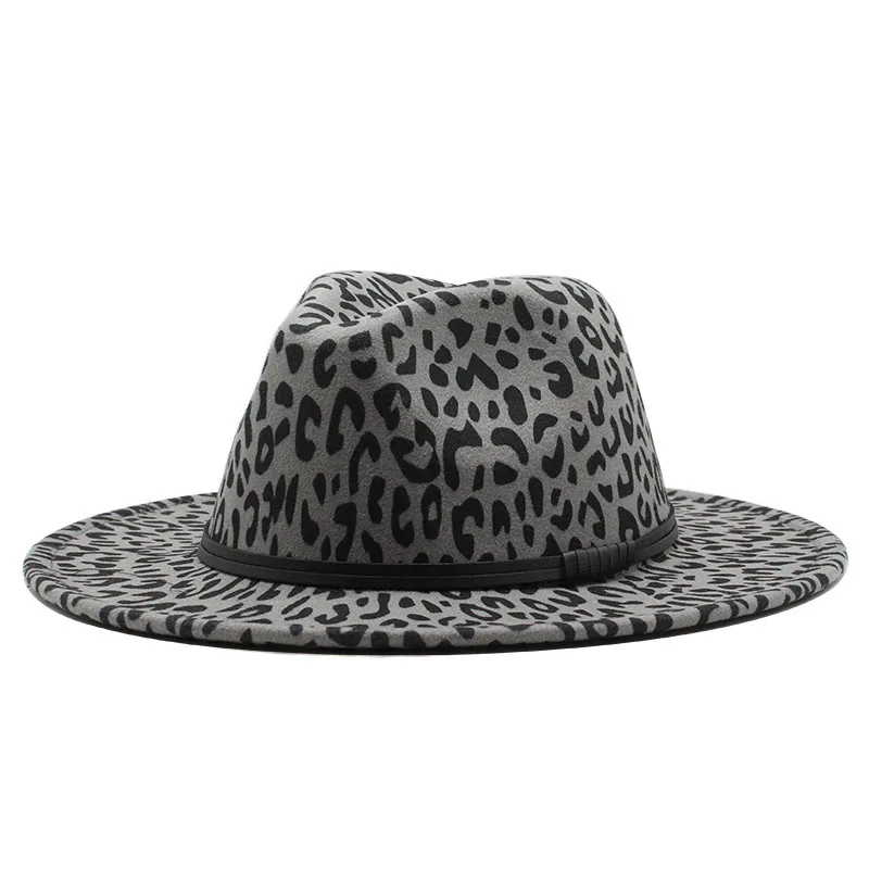 Seioum  Winter Classic Hats For Men Large Size Wide Brim Tophat Fedora Sombrero Elegant Women Church Hats Leopard print Wool Cap