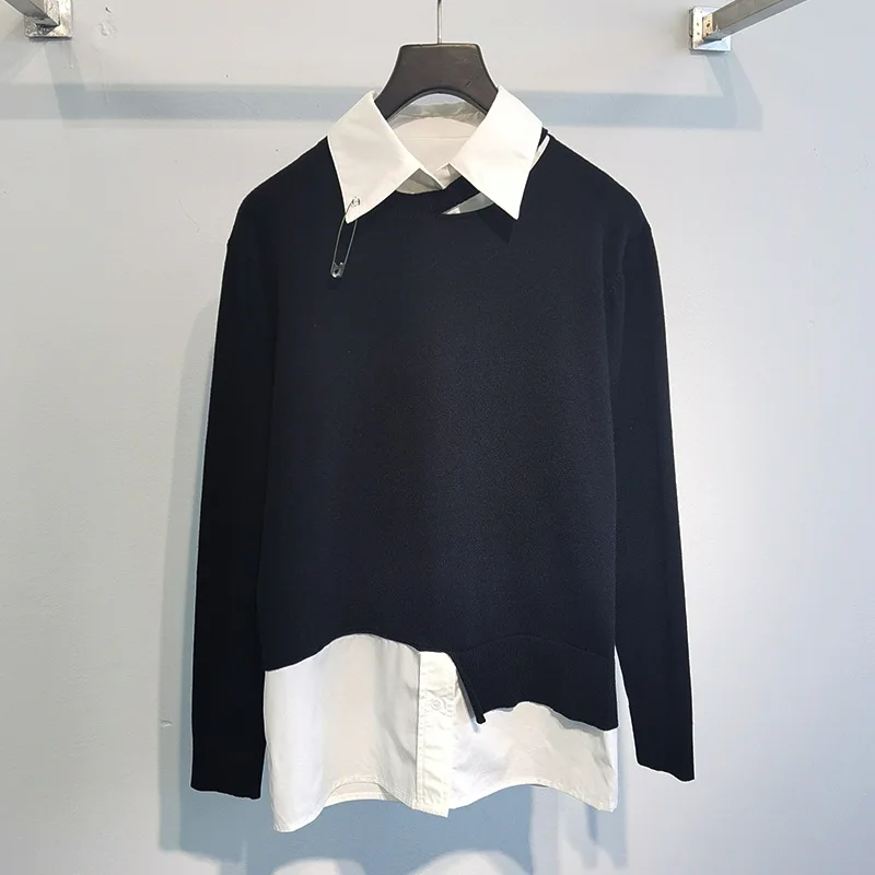 

2021 New Fake Two-Piece Color Contrast Patchwork Cotton Sweater for Women White Shirt Black Knitted Casual Pullovers