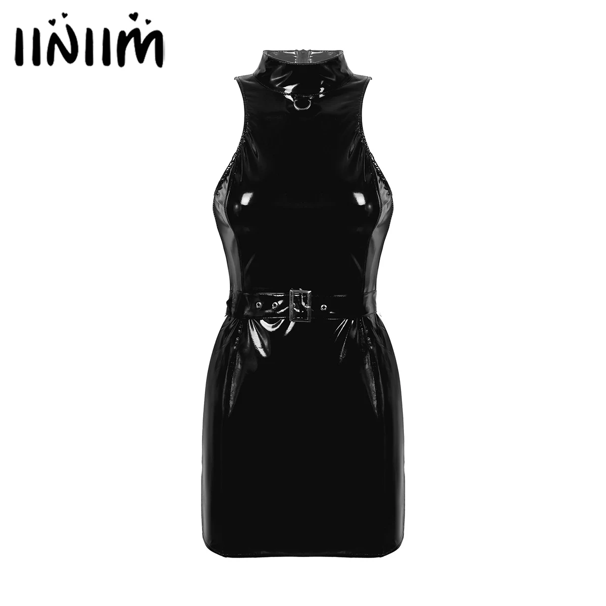 

iiniim Womens Sexy Clubwear Rave Cocktail Party Exotic Dress Wet Look Leather Back Zipper Closure Bodycon Mini Dress with Belt