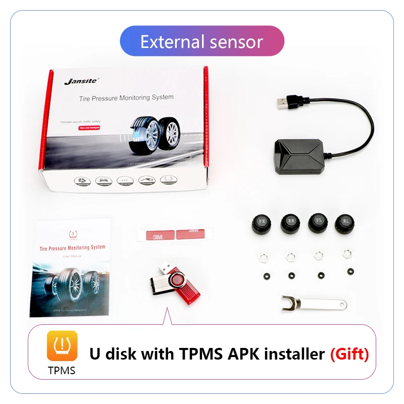 

Jansite USB TPMS Car Tire Pressure Alarm Monitor System for Car Android Navigation player with four external internal sensors