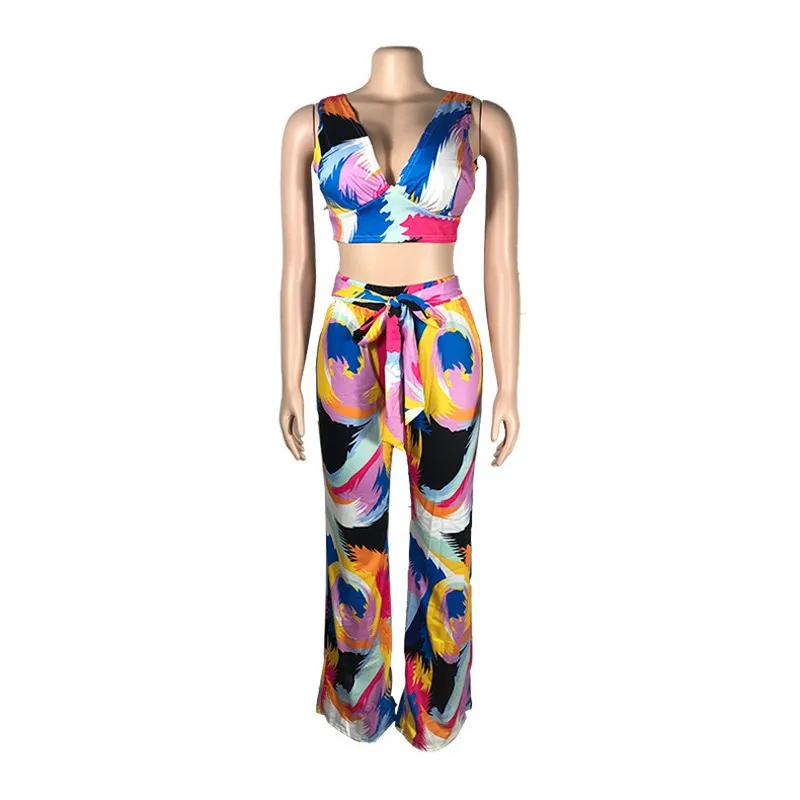 

2021 Summer Colorful Print Women 2PCS Sleeveless Sexy Lady V-Neck Backless Vest Tops High Waist Wide Leg Lace UP Bow Outfits