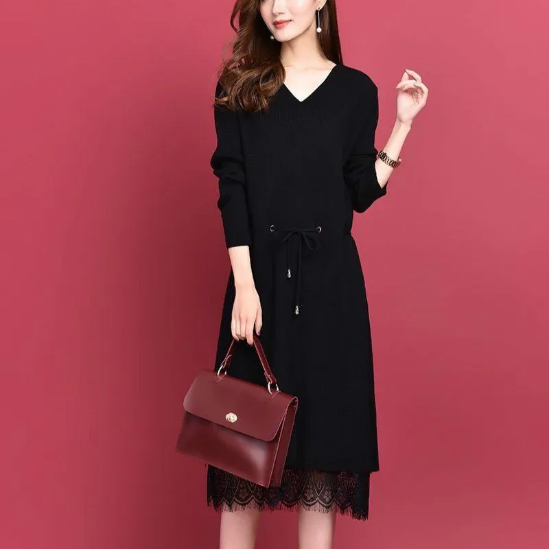 

Women's Knitted Dress Autumn Winter New Simple V-Neck Long Sleeve European American Women Temperament High Waist Frenulum Dress