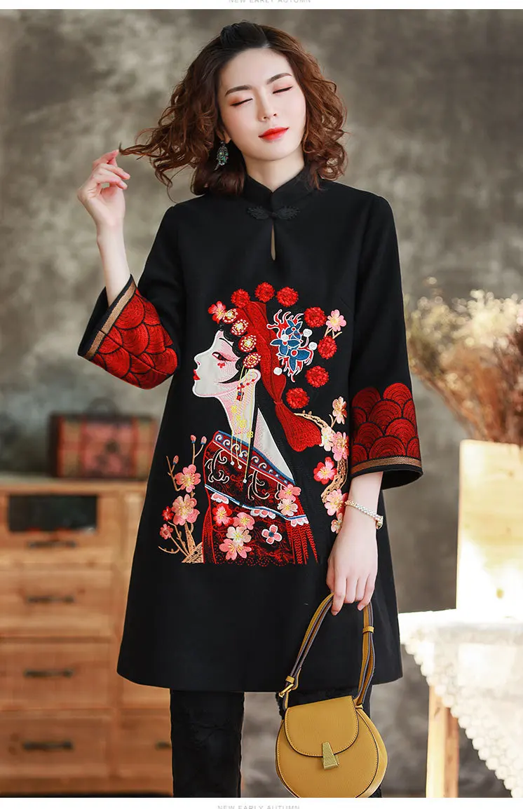Осенне-зимние шерстяные топы cheongsam с вышивкой в стиле знаменитостей, со стоячим воротником, Свободный пуловер