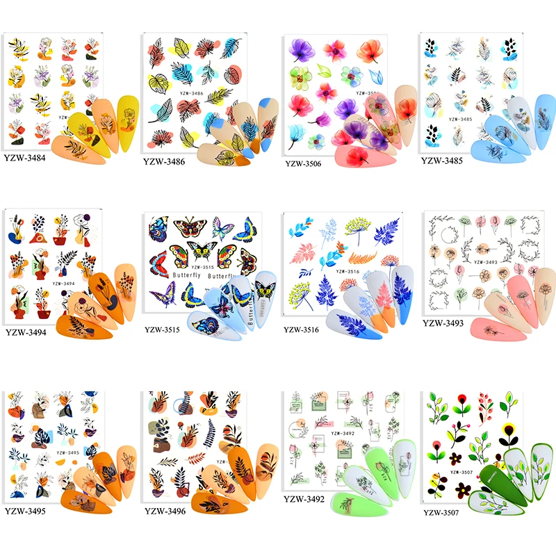 

12Pcs Butterfly Flower Water Decals Nail Art Stickers French Manicure Green Leaves Sticker For Nail Designs Tattoo Watermark