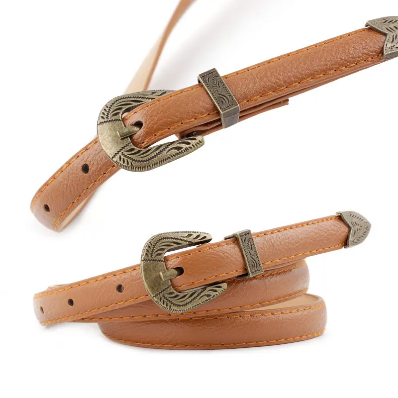 

Vintage Carved Metal Button PU Leather Belts for Women Soft Dress Belts Wide Belt
