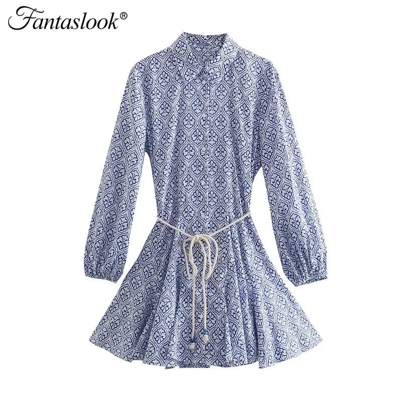 

Bohemian Floral Print Dress Women Vintage Long Sleeved Shirt Dress Autumn Breasted Sashes Mini Dress Casual Ruffles Vestidos