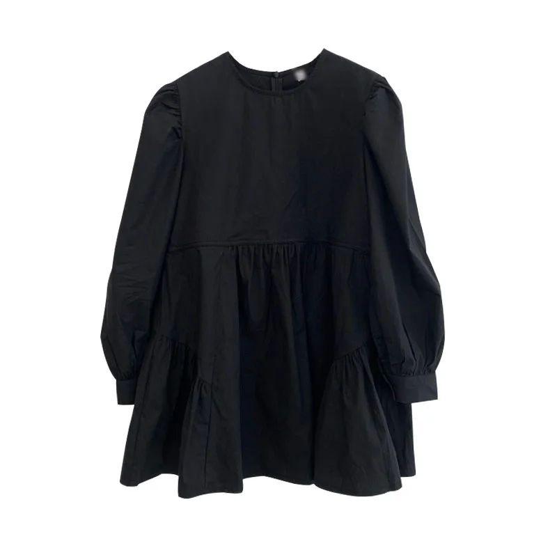 Зимнее платье корейское простое темное с круглым вырезом свободное маленькое