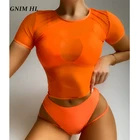 Сексуальный спортивный купальник-бикини GNIM, женский купальник из трех частей, летний однотонный купальник с коротким рукавом, женская пляжная одежда, ажурное бикини
