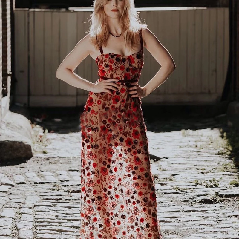 

2020 New Summer Runway Dress Women Luxury Designer High Quality Floral Rose Mesh Embroidery Elegant Sexy Party Vestidos Female