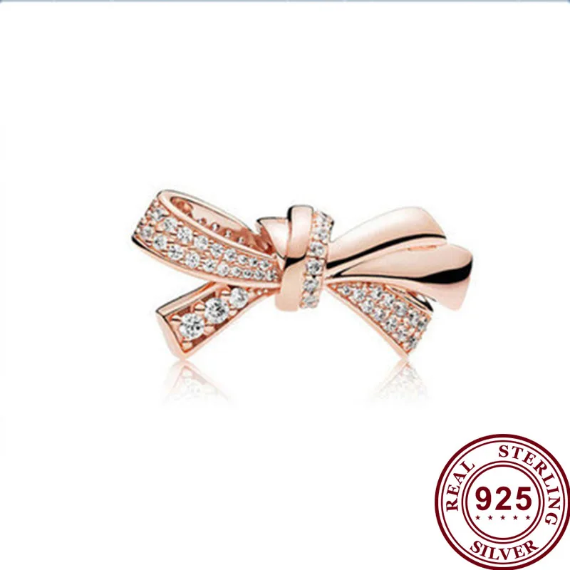 

100% 925 Sterling Silver Bead Gorgeous Rose Gold Bow Beads Fit Pandora Women Bracelet & Necklace Diy Jewelry