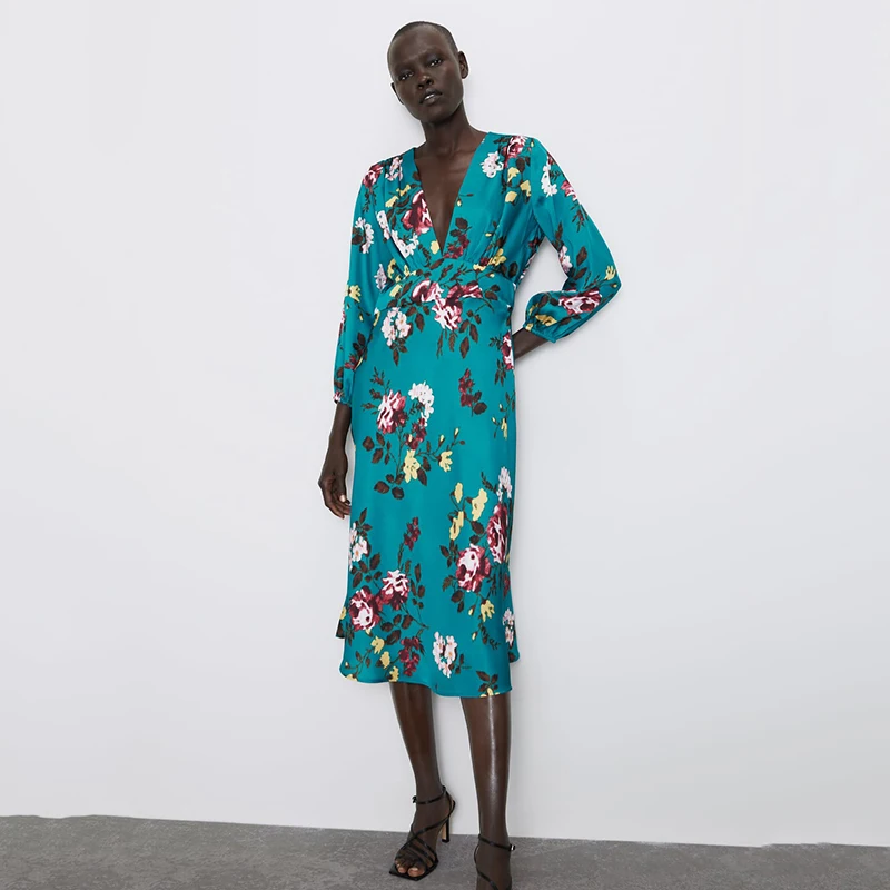 Осеннее платье с глубоким v образным вырезом и синим принтом новинка 2019 женское в