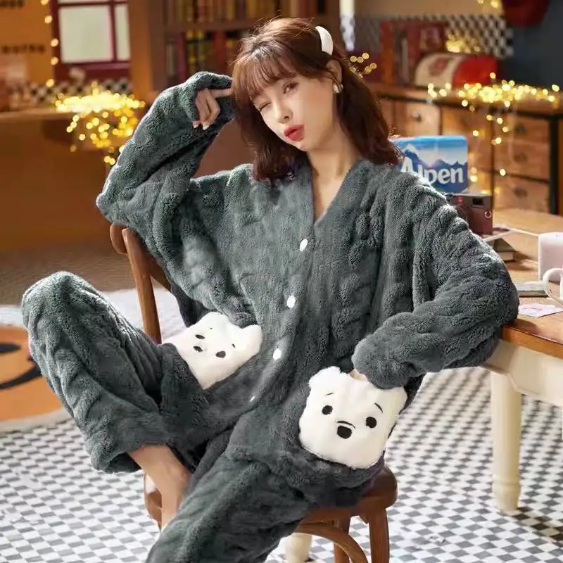 Pajamas Set Warm Female Coral Velvet Flannel Thickened Home Service Two Piece Suit Pijamas Women's 2021 New Autumn and Winter