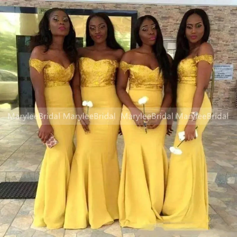 

New African Sequins Bridesmaid Dresses Off Shoulder Yellow Satin Mermaid Women Formal Wedding Party Gowns Maid Of Honor Gowns