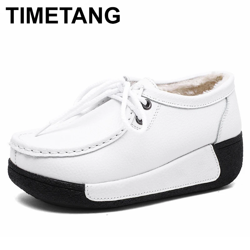 

TIMETANGNew Winter Shoes GenuineLeather Womens Flat Platform Shoes Casual Womens Loafers Plush Womens Slip-on Sneakers for Women