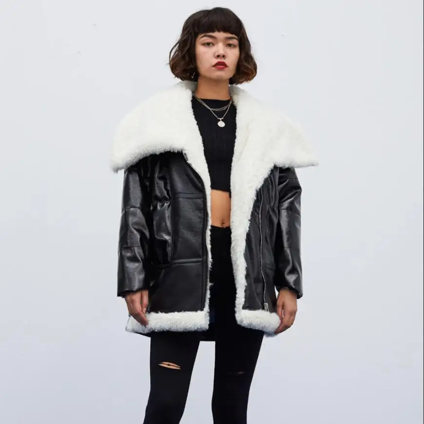Модные Теплые Куртки из искусственной кожи с подкладкой овечьей шерсти Женские
